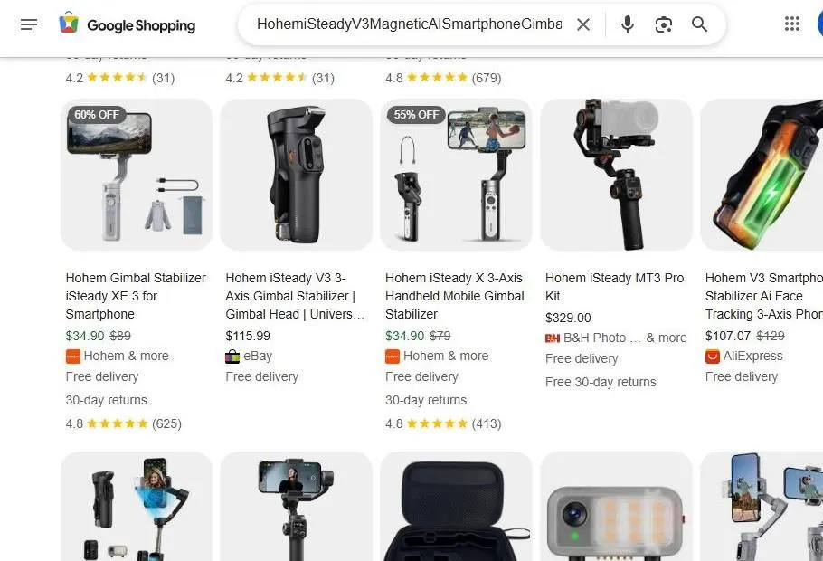 Google Shopping results for Hohem smartphone gimbals