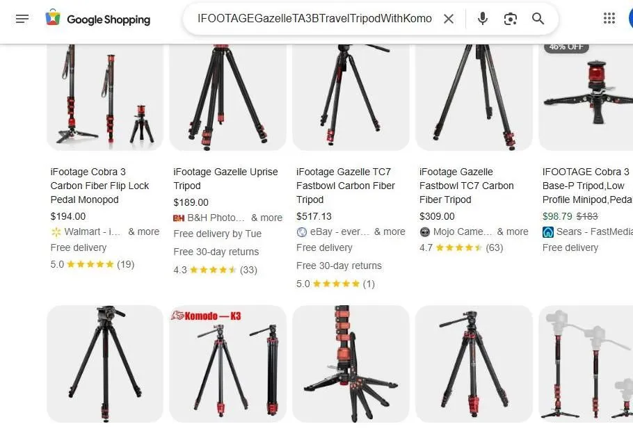 Google Shopping results for iFootage tripods and monopods