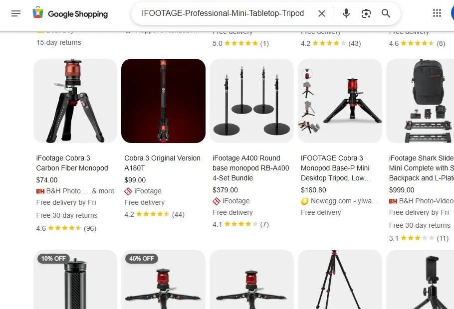 Google Shopping results for iFootage tripods and monopods