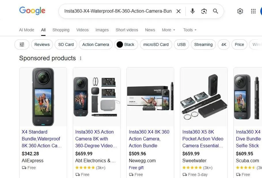 Google Shopping results for Insta360 cameras
