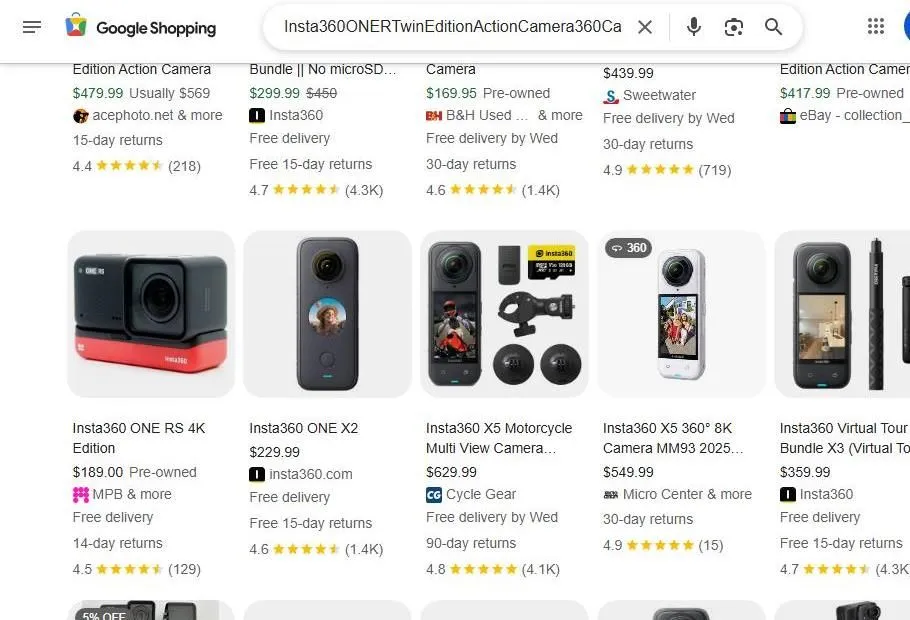 Google Shopping results for Insta360 cameras