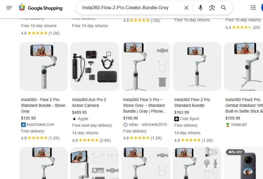 Google Shopping results for Insta360 Flow 2 Pro bundles