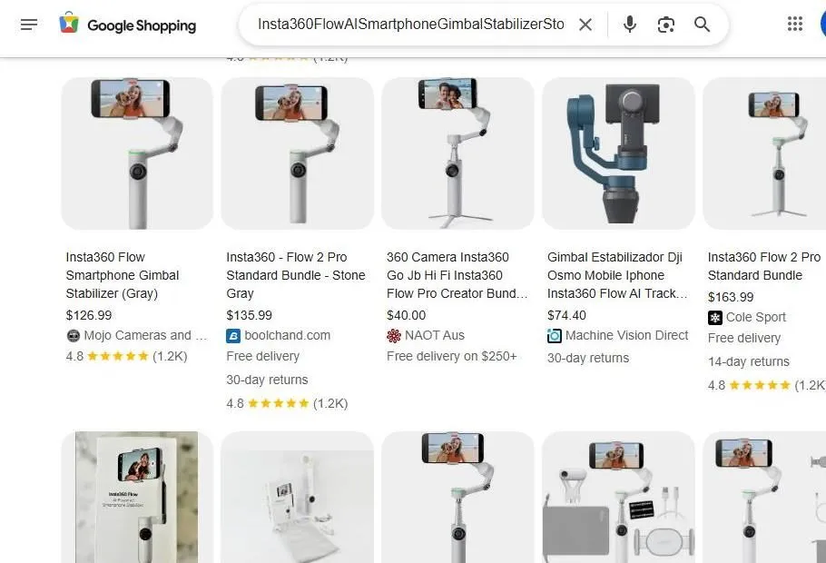 Google Shopping results for Insta360 Flow AI smartphone gimbal