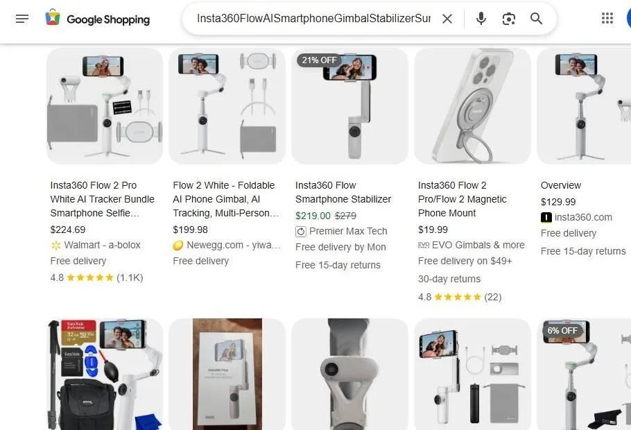 Google Shopping results for Insta360 Flow AI smartphone gimbals