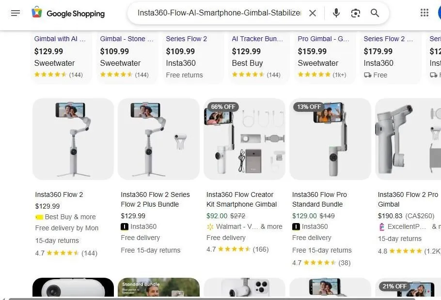 Google Shopping results for Insta360 Flow series smartphone gimbals