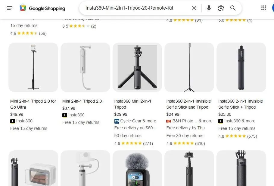 Google Shopping results for Insta360 tripod accessories