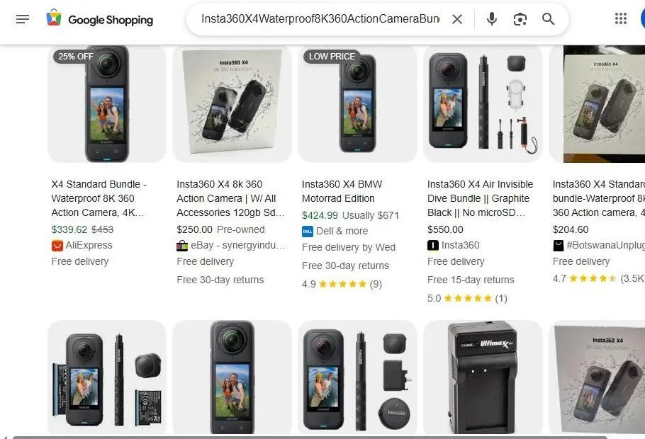 Google Shopping results for Insta360 X4 camera bundles
