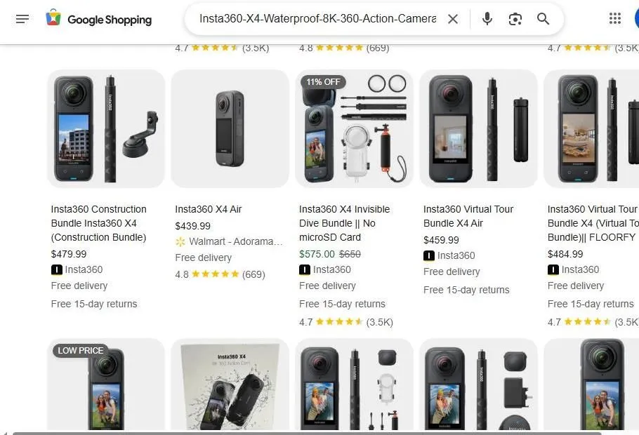 Google Shopping results for Insta360 X4 camera bundles
