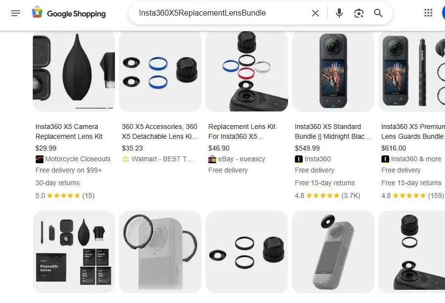Google Shopping results for Insta360 X5 replacement lens kits