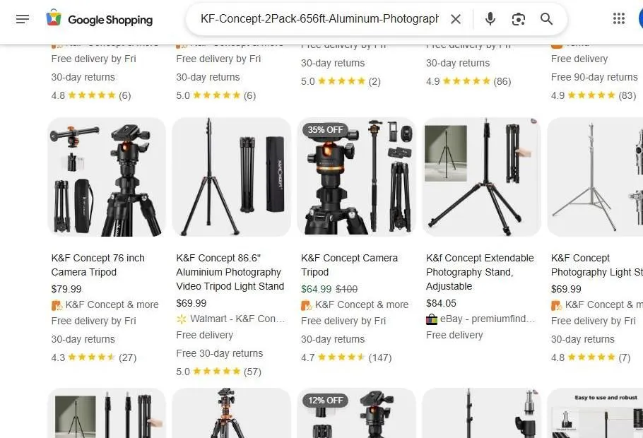 Google Shopping results for K&F Concept tripods and light stands