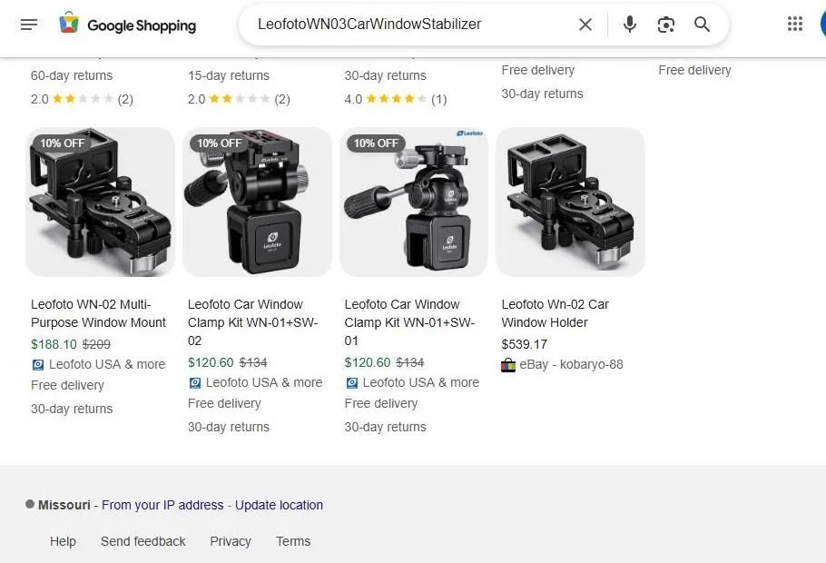 Google Shopping results for Leofoto car window mounts