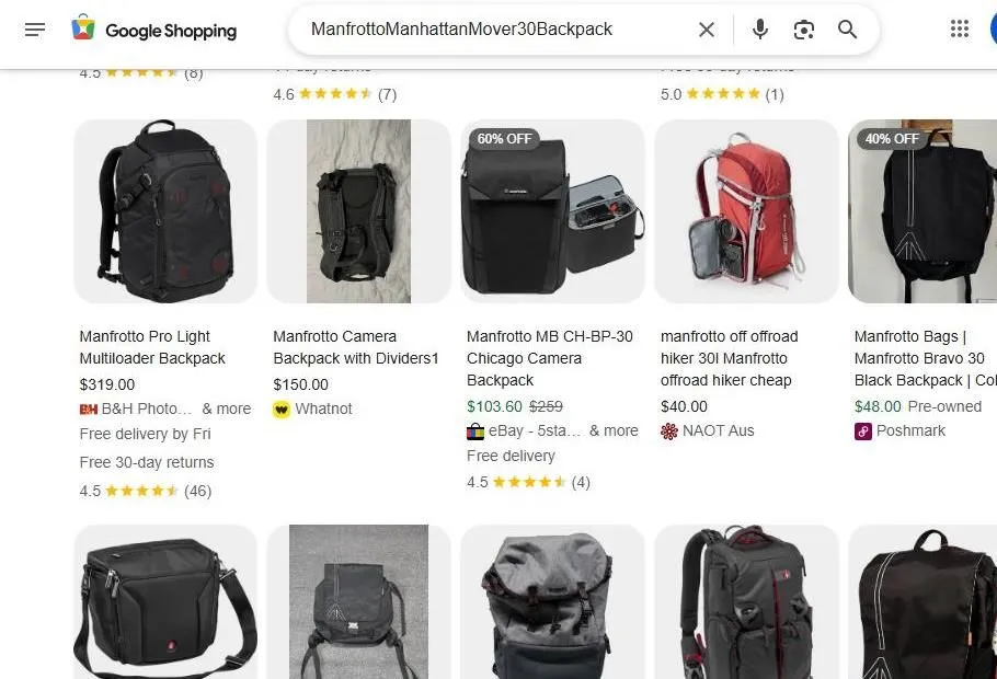 Google Shopping results for Manfrotto backpacks