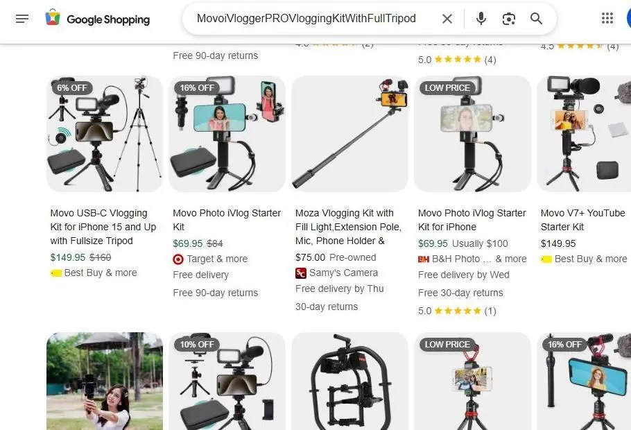 Google Shopping results for Movo and Moza vlogging kits