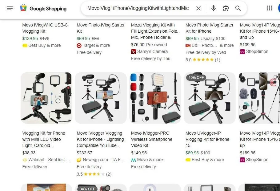 Google Shopping results for Movo iPhone vlogging kits
