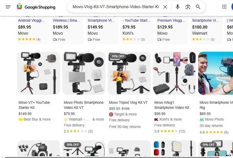 Google Shopping results for Movo smartphone vlogging kits