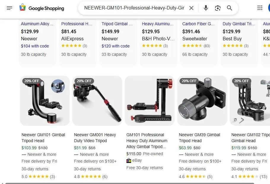 Google Shopping Results for Neewer Gimbal Tripod Heads