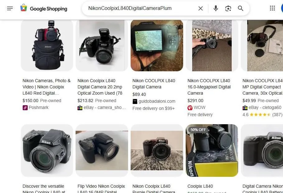 Google Shopping results for Nikon Coolpix L840 camera