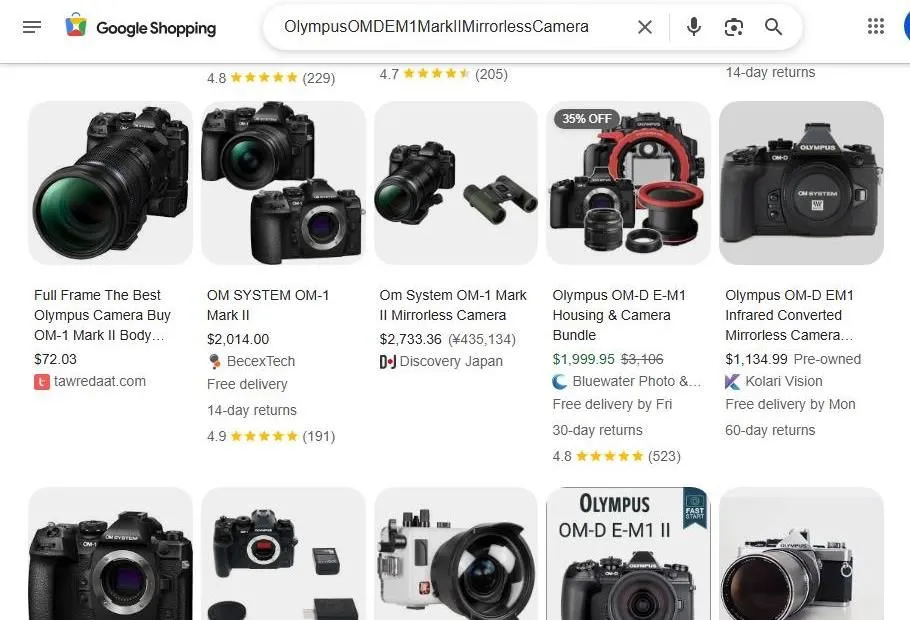 Google Shopping results for Olympus and OM SYSTEM cameras