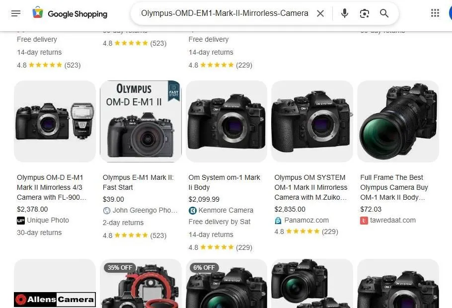 Google Shopping results for Olympus and OM System cameras