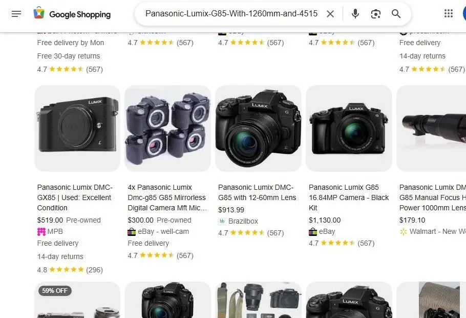 Google Shopping results for Panasonic Lumix cameras