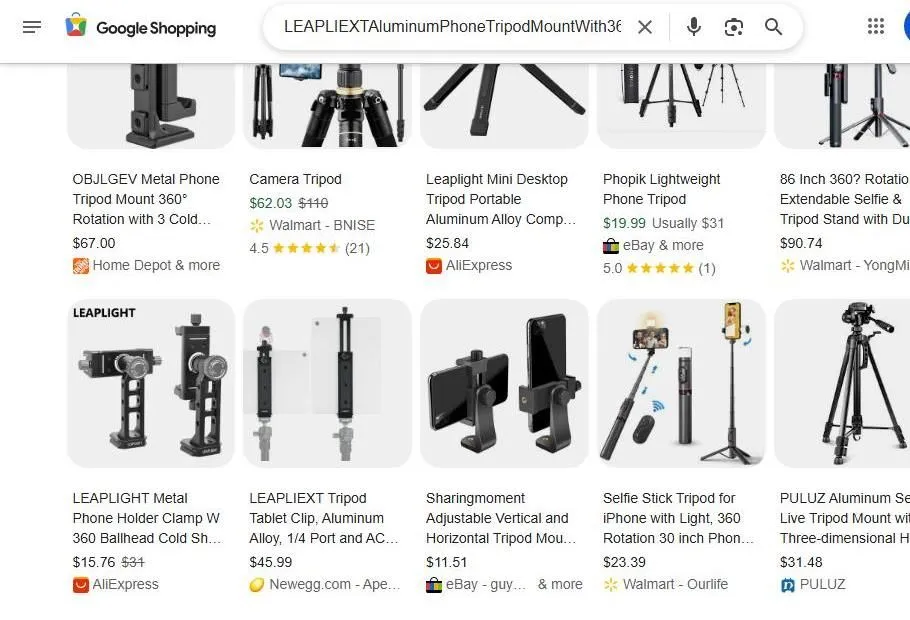 Google Shopping results for phone and camera tripod mounts