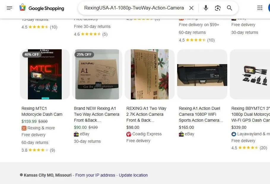 Google Shopping results for Rexing motorcycle and action cameras