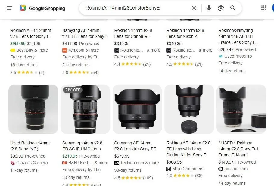 Google Shopping results for Rokinon 14mm lenses