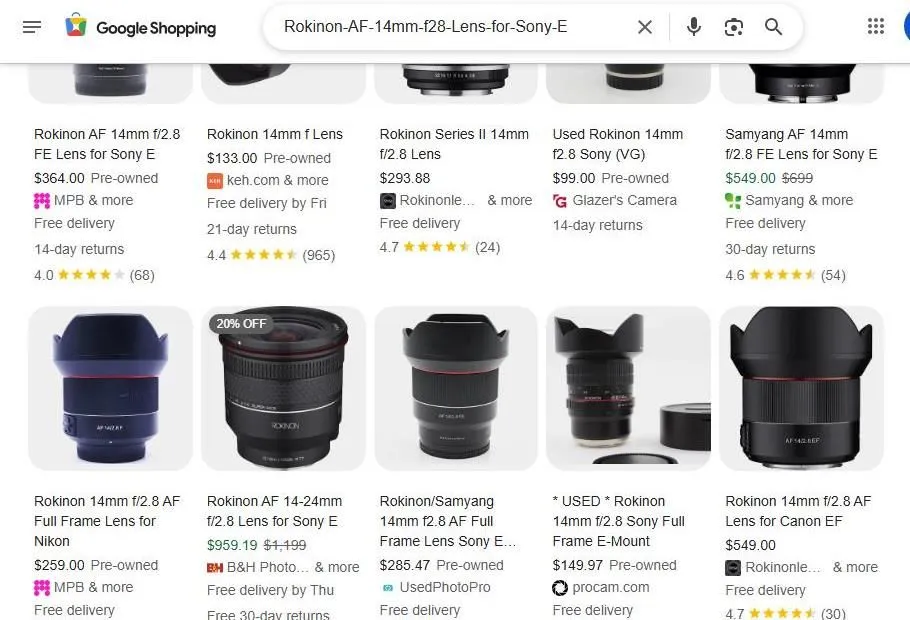 Google Shopping results for Rokinon 14mm lenses