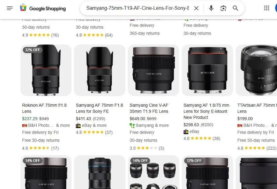 Google Shopping results for Samyang 75mm lenses