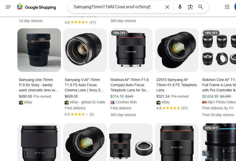 Google Shopping results for Samyang 75mm T1.9 AF cine lens for Sony E mount
