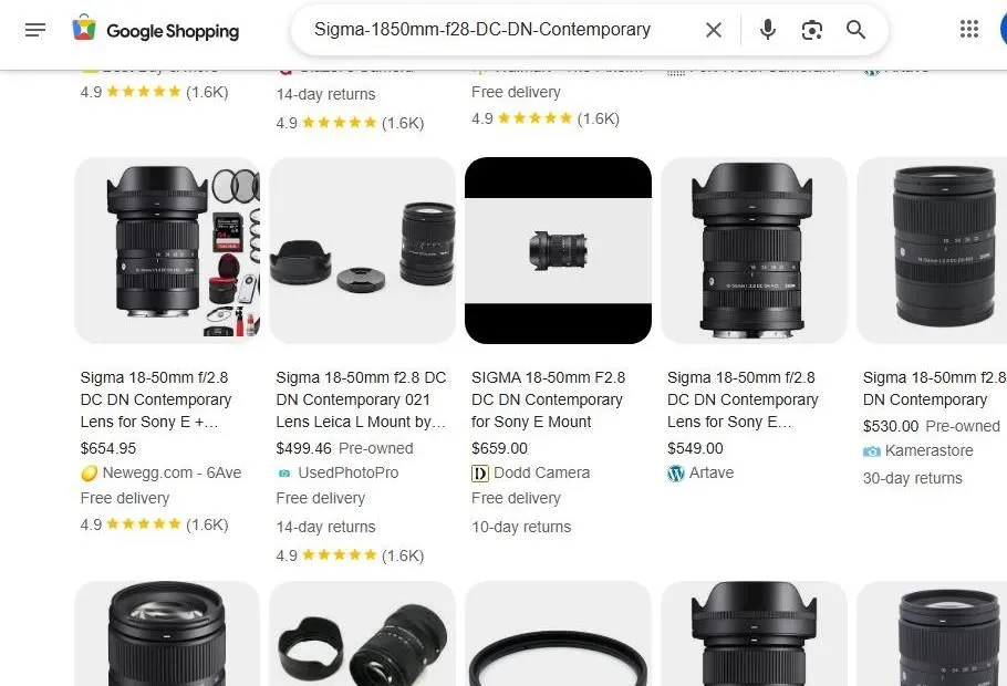 Google Shopping results for Sigma 18-50mm f/2.8 DC DN Contemporary lens