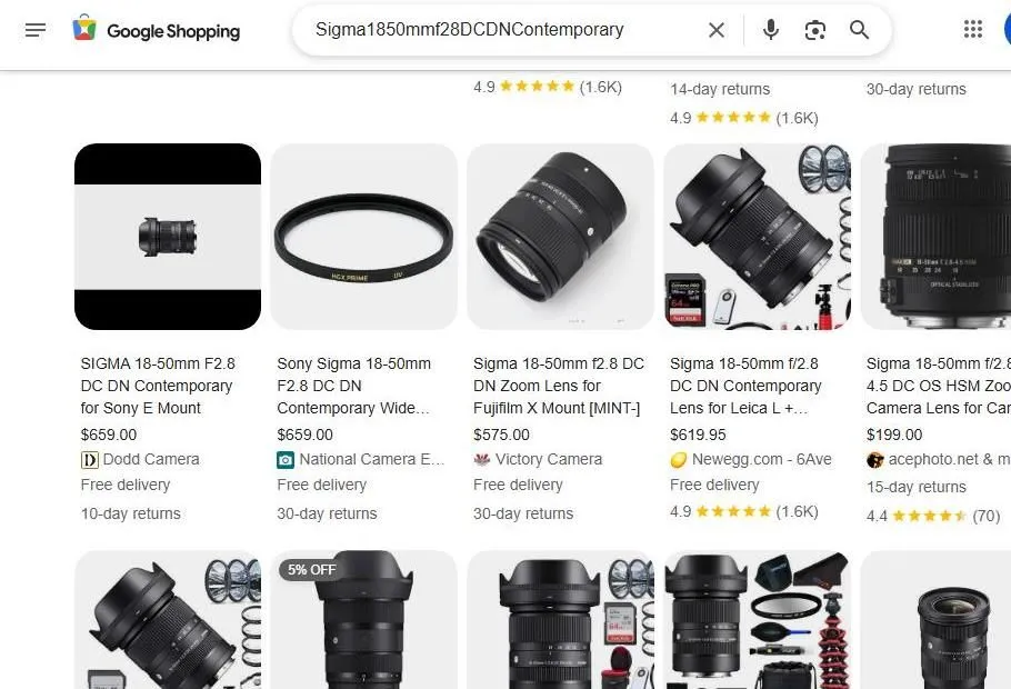 Google Shopping results for Sigma 18-50mm f2.8 lens