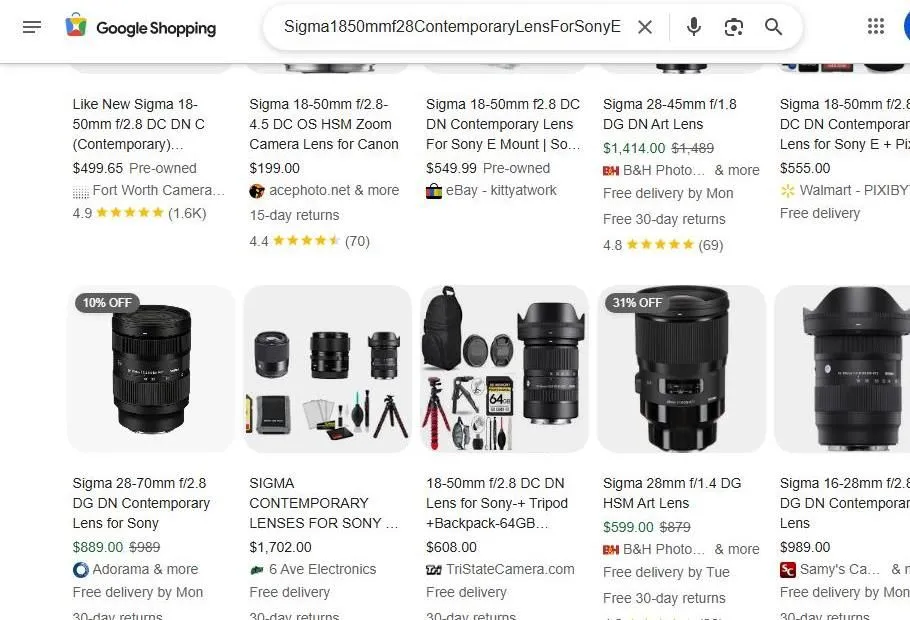 Google Shopping results for Sigma lenses