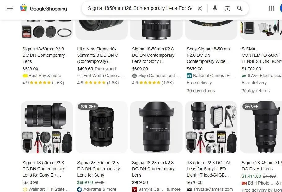 Google Shopping results for Sigma lenses