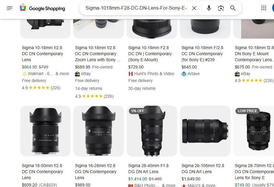 Google Shopping results for Sigma lenses