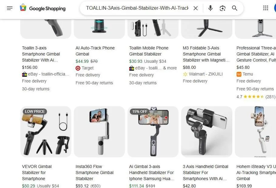 Google Shopping Results for Smartphone Gimbal Stabilizers