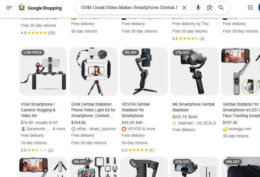 Google Shopping results for smartphone gimbals and vlogging kits