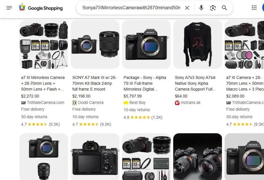 Google Shopping results for Sony a7 III camera bundles