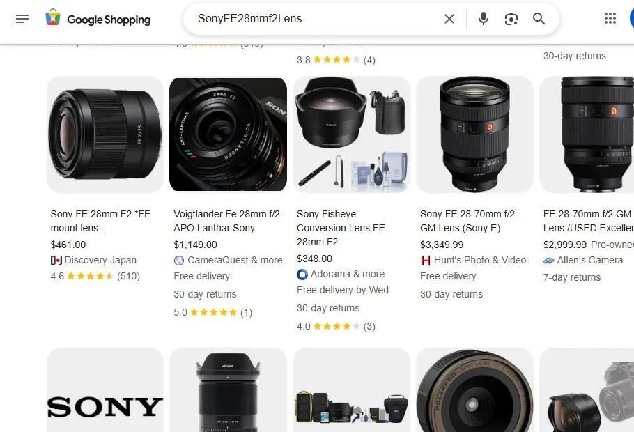 Google Shopping Results for Sony FE 28mm f2 Lens