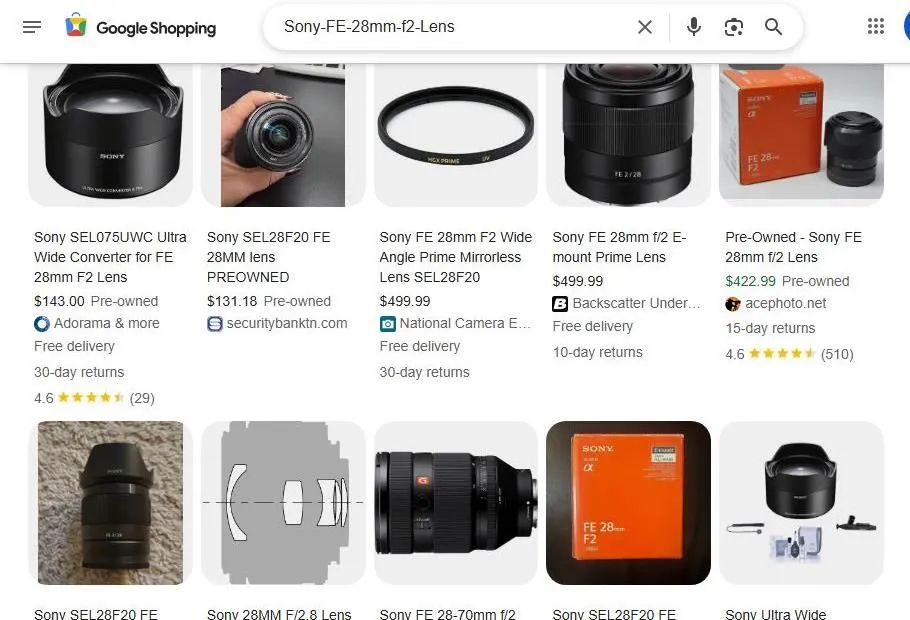 Google Shopping Results for Sony FE 28mm f2 Lens