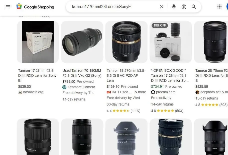 Google Shopping results for Tamron lenses