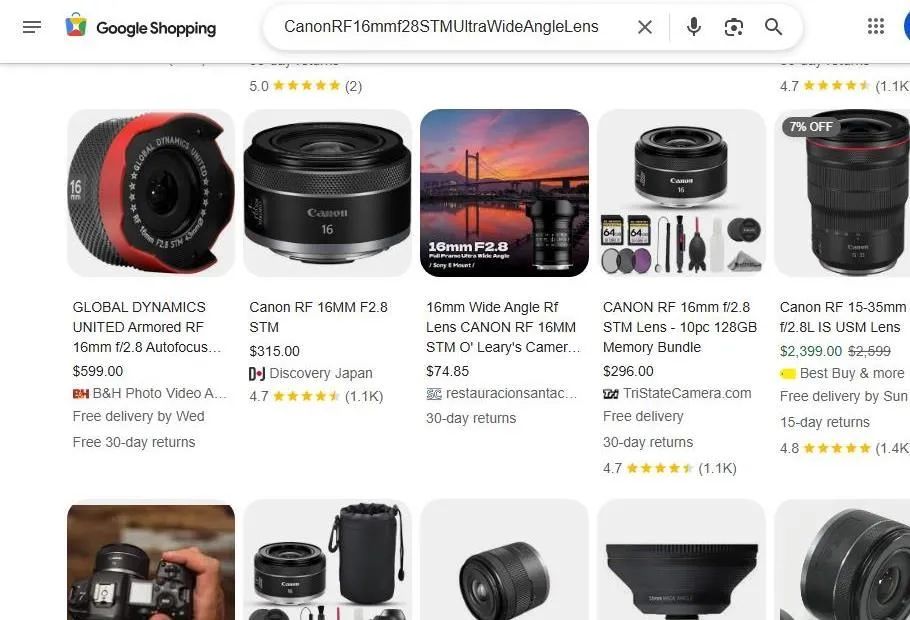 Google Shopping results for the Canon RF 16mm f/2.8 STM lens