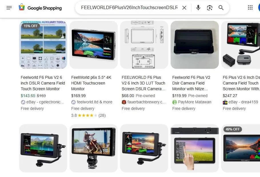 Google Shopping results for the Feelworld F6 Plus V2 monitor