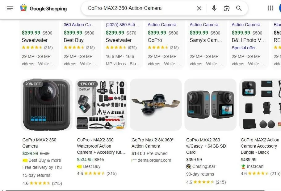 Google Shopping results for the GoPro MAX 2 360 Action Camera