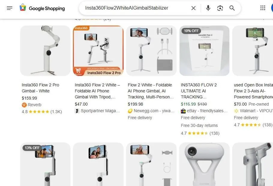 Google Shopping results for the Insta360 Flow 2 Pro gimbal