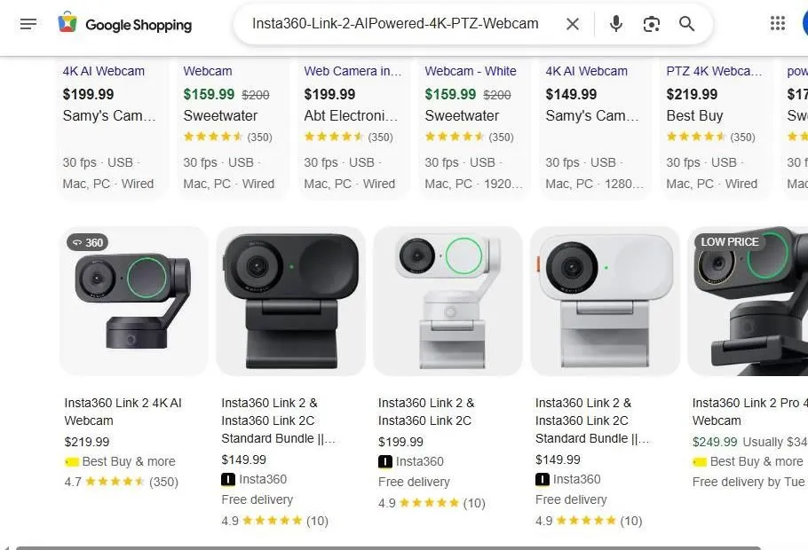 Google Shopping results for the Insta360 Link 2 webcam