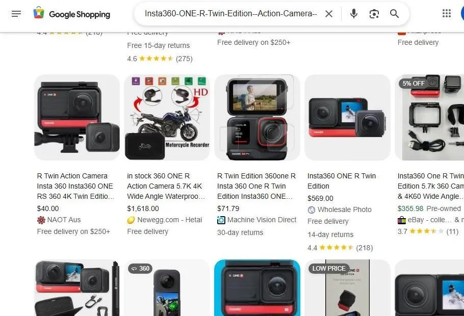 Google Shopping results for the Insta360 ONE R action camera