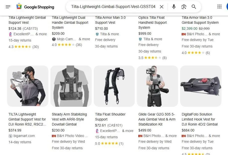 Google Shopping results for Tilta gimbal support vests