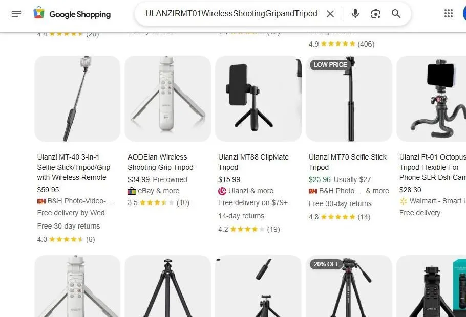 Google Shopping results for Ulanzi and AODElan tripods