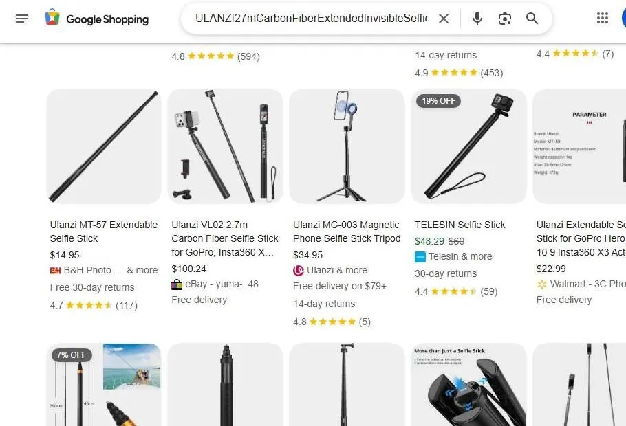 Google Shopping results for Ulanzi selfie sticks